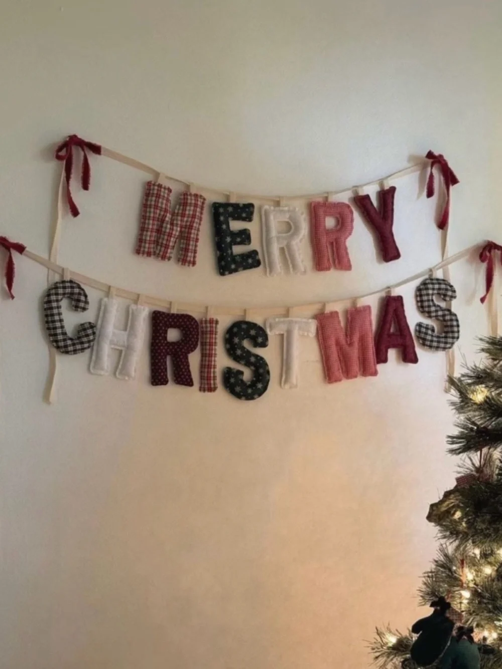 Handmade 'Merry Christmas' Fabric Banner - Red, White, Black Plaid